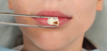 Child holds lost baby tooth with tweezers. Treatment and removal of teethの写真素材