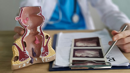 Doctor with model of human rectal anatomy and hemorrhoids in hospital, inflamed vascular structureの写真素材