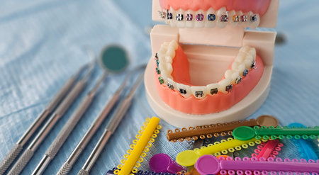 Dental tools and colorful orthodontic bands displayed with dental model for patient education in a clinic settingの写真素材
