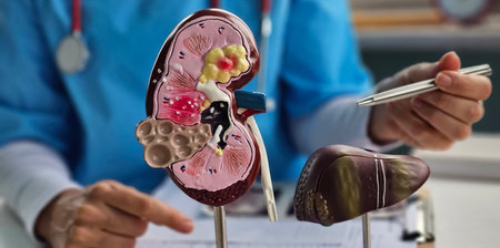 Doctor anatomy kidney and liver. Diseases and treatment of organs kidney and liverの写真素材