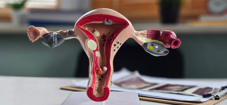 A model of the reproductive system of women. Anatomical model of uterus with ovariesの写真素材