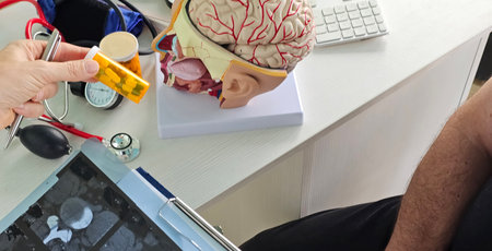 Doctor holding brain model and pills in clinic.