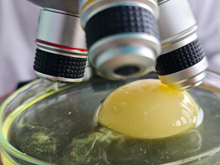 Observation of egg yolk under microscope in laboratory setting during a science experiment