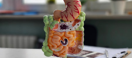 Educational model of the human digestive system on a desk in a study area with plants in the backgroundの写真素材