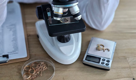 Microscope and scale with jewelry pieces for evaluation in a laboratory setting