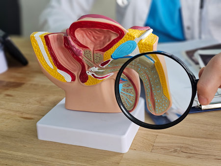 Examining a detailed anatomical model of the human reproductive system with a magnifying glass.