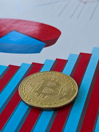 Bitcoin coin placed on a colorful background with shapes and patterns representing cryptocurrency trends and market dataの写真素材