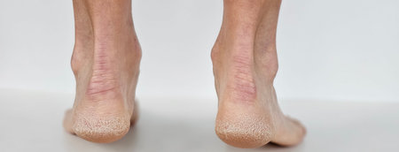 Healthy feet with dry skin and calls viewed from the back on a plain surface in a well-lit...
