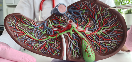 Doctor holds and points to liver model in clinic premise