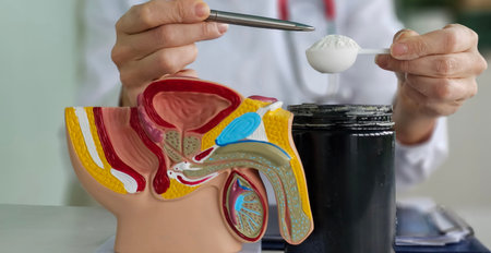 Doctor and powdered supplement showing anatomical model of male reproductive organs and penis