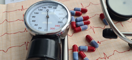 A blood pressure gauge, stethoscope, and colorful capsules lie atop an EKG chart, with a patient...