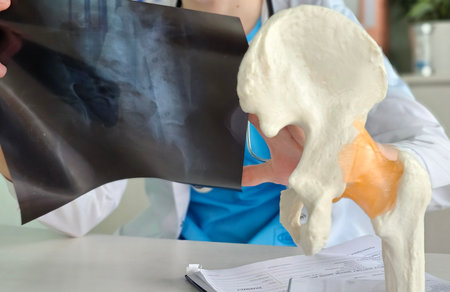 Detailed study of a pelvic bone model alongside an x-ray during a medical consultation at a clinic