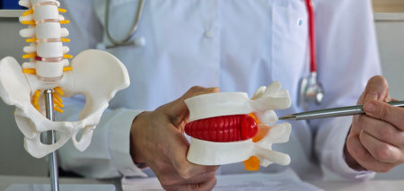 Doctor traumatologist and surgeon shows herniated disc female patient in clinic