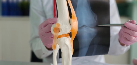 Thoughtful female doctor examines results of x-ray of knee joint in clinic. Knee injury symptoms...