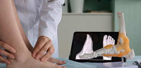 Medical professional examining foot anatomy with model and digital x-ray in clinic settingの写真素材