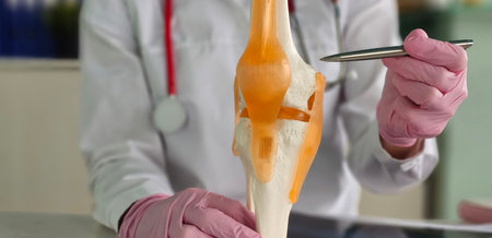 Medical professional demonstrating knee joint anatomy with model during consultationの写真素材