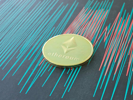 Ethereum coin is placed on a colorful background with green and red lines showing market trends