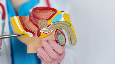 Medical professional holds anatomical model of male genital system for educational purposes in...