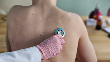 Doctor checks patient with stethoscope during medical examination in clinic at daytimeの写真素材