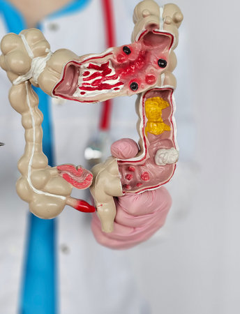 Model of human intestines held by a medical professional in a clinic setting during a demonstration on digestive healthの写真素材