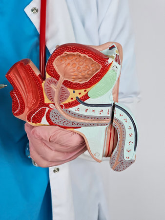 Medical professional holds a detailed model of the male reproductive system in a clinical setting...