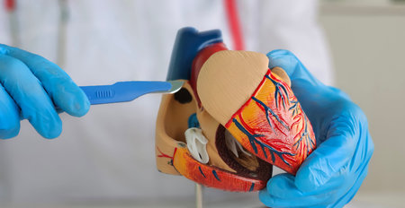 Cardiologist demonstrates models of heart and blood vessel anatomy and a scalpel. Stenting coronary artery bypass grafting surgeryの写真素材