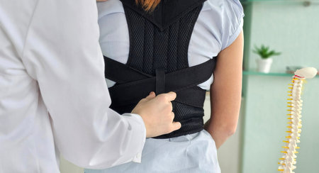 Orthopedist helping patient to put on posture corrector in clinic, closeup. Scoliosis treatmentの写真素材