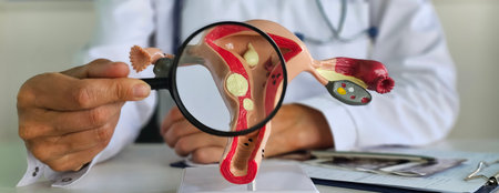 Doctor show patient on reproductive system model, explain problem to client, magnifying glass....