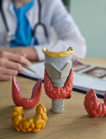 Models of the thyroid gland and surrounding structures placed on a table during a medical consultation in a clinic settingの写真素材