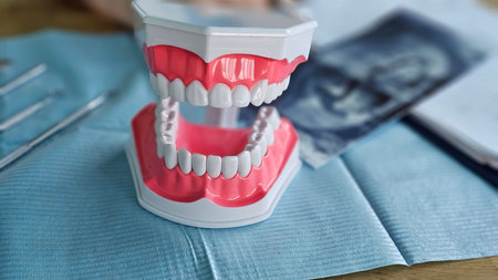 Dental model and tools are displayed on a table during a dental consultation at a clinic in the...