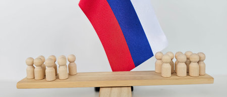 Russian flag political discussions and conflict. Confrontation of two sides in Russia