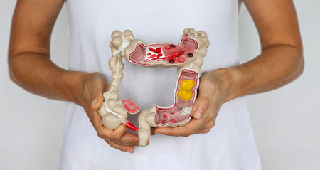 Woman holding model of human intestines in front of body on white background