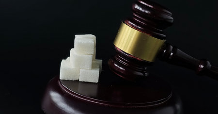 Judge gavel resting next to white sugar cubes against a black background, symbolizing legal...