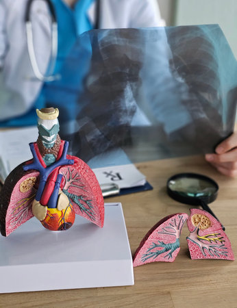Doctor examines lung model and X-ray in medical office during consultation with patient