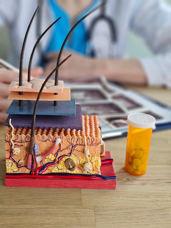 Model shows layers of skin structure with capillaries and hair follicles alongside prescription...