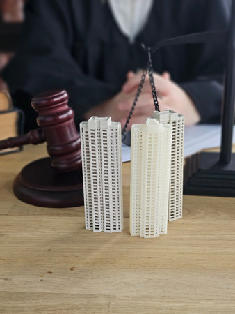 Small models of buildings placed on a wooden table in a courtroom with a judge's gavel and hands in...