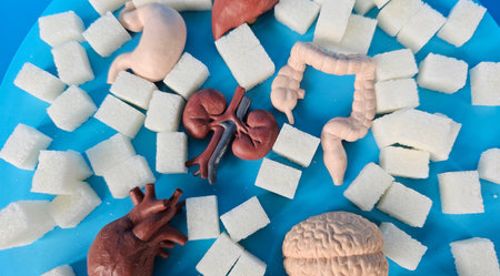 Models of human internal organs and sugar cubes. The harm of sugar consumption for the body