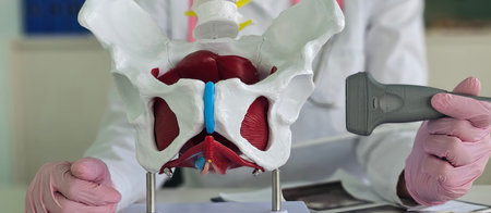 Healthcare professional demonstrating a pelvic anatomy model with a diagnostic device in a clinical...