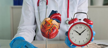 Doctor holds alarm clock near scientific heart model
