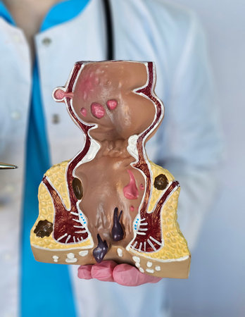 A doctor holds a model of an unhealthy lower rectum with inflamed vascular structures.の写真素材