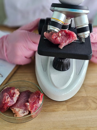 Microscope examines meat samples in laboratory setting during research on food safety