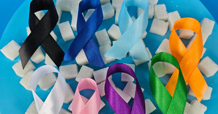 Multi-colored ribbons laid out on a blue plate with sugar cubes