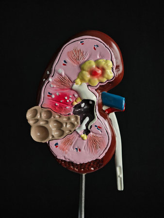 Model of a human kidney showing internal structure and details for educational purposes in a biology...
