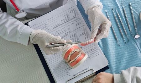 Orthodontist explains to patient during an appointment how to use braces and how to care for a...
