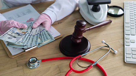 Money and legal tools in a medical setting show the connection between healthcare and law during a specific process or transactionの写真素材