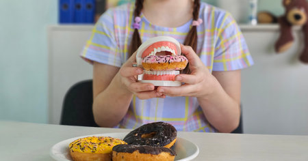 Portrait of a girl holding a model of a jaw with teeth and a sweet donut. Pediatric dentistry and...