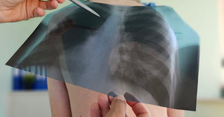 Doctor diagnoses patient's health condition for asthma, lung disease, COVID-19. Chest X-ray...