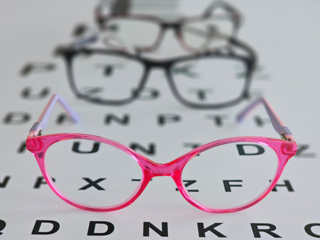 Different styles of glasses on an eye exam chart in a doctor office with bright colors and clear...