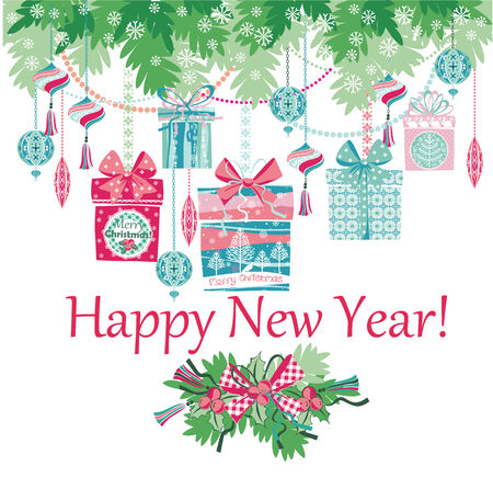 Christmas and New Year card. Design elements for posters, flyers, graphics module, paper.Vector illustration of Merry Christmas gift boxes.のイラスト素材