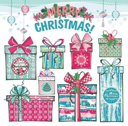 Christmas and New Year card. Design elements for posters, flyers, graphics module, paper.Vector illustration of Merry Christmas gift boxes.のイラスト素材